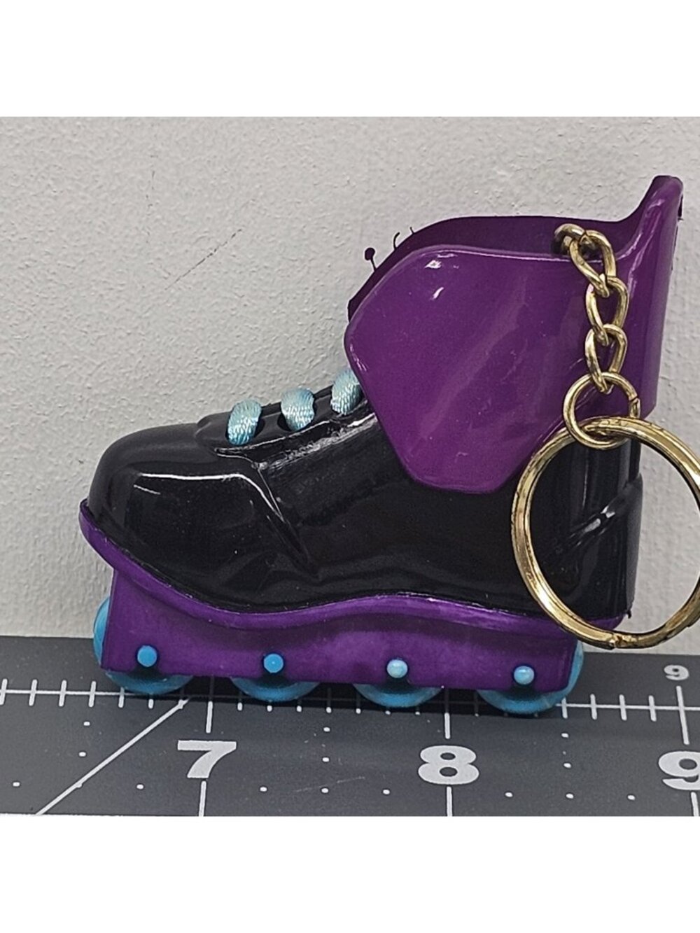 Vintage Rollerblade Mini Skate Keychain - Working Wheels - Black, Purple & Teal